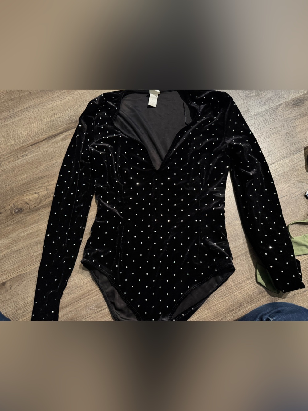 Black Velvet Long-Sleeve Bodysuit with Stud Detail